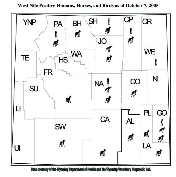 West Nile Virus Wyoming Map. Photo by Wyoming Department of Health.