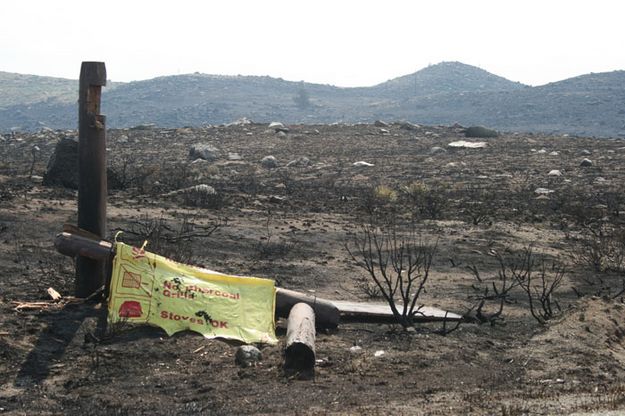 Burned fire signs. Photo by Dawn Ballou, Pinedale Online.