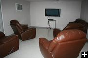 Lounge area with big screen TV. Photo by Dawn Ballou, Pinedale Online.