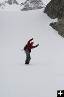 Jeramie snowboarding on Gannett. Photo by Cris Weydeveld.