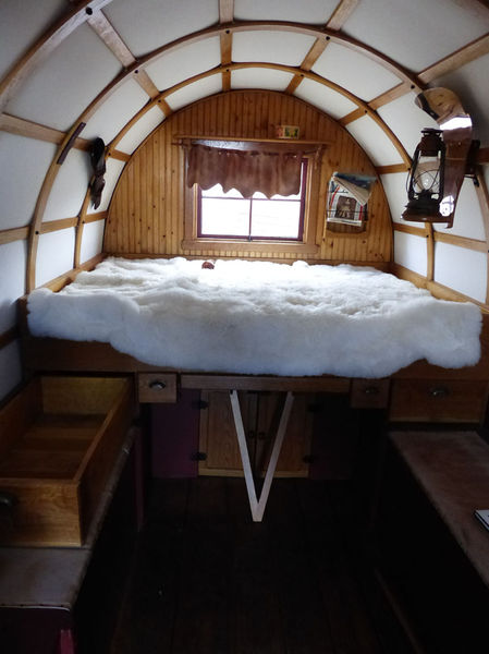 Sheepwagon interior. Photo by Dawn Ballou, Pinedale Online.