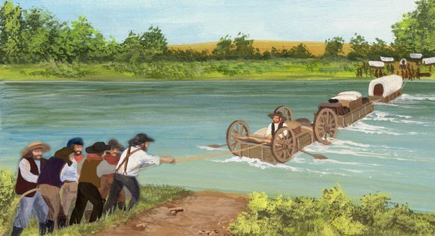 Wagons crossing in high water. Photo by Sublette County Historical Society.