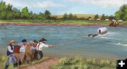 Wagons crossing river in medium water. Photo by Sublette County Historical Society.