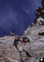 Climbing Sacagawea. Photo by Fred Pflughoft.