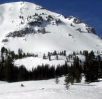 Snowmobiling at the base of Mt. McDougal in the Wyoming Range. Photo courtesy Triple Peak Guest Ranch.